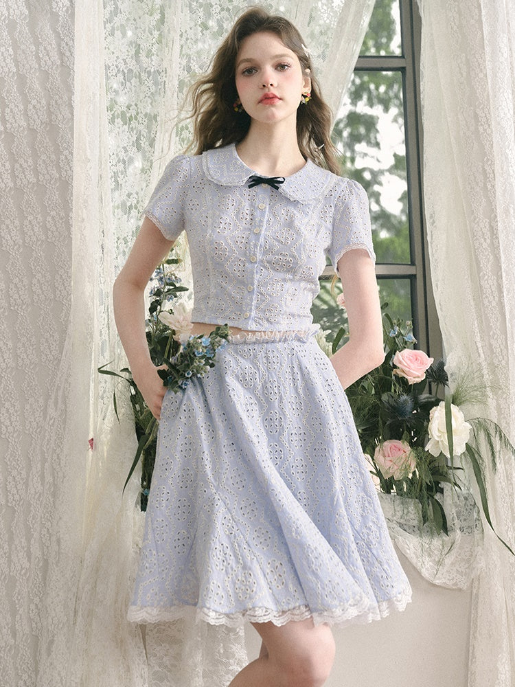 College Style Doll Collar Cutwork Lace Shirt ＆ Flare Skirt