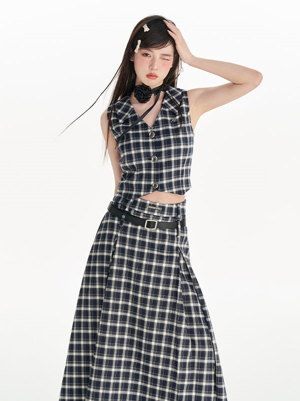 Plaid Short Weste &amp; High Taille A-Line Long Rock