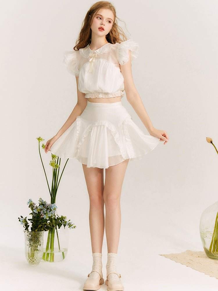 Translucent Flying Sleeve Top &amp; Lace Mini Skirt