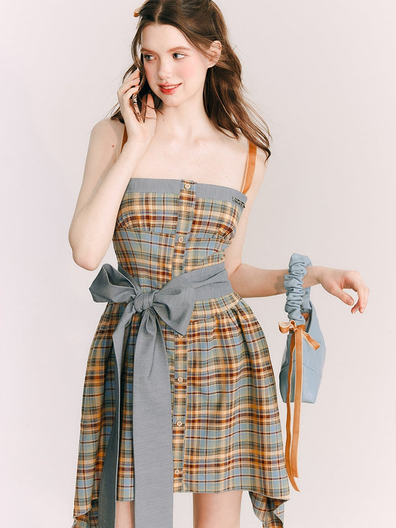 Sunflower Plaid Suspender Irregular Dress