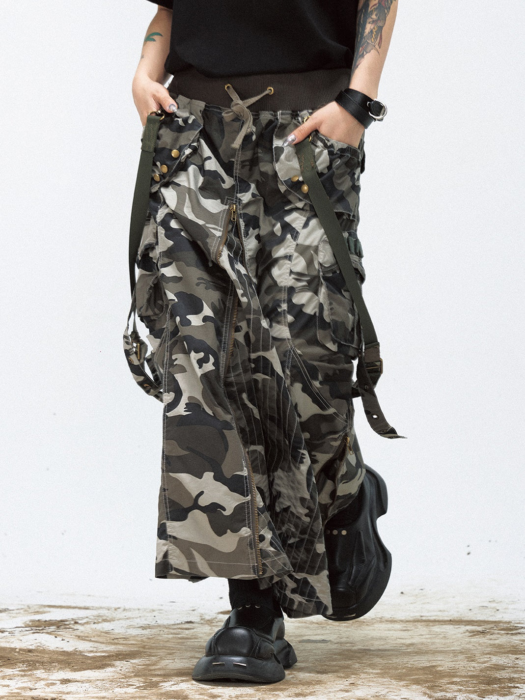 Camouflage Zipper Slit Work Maxi Skirt