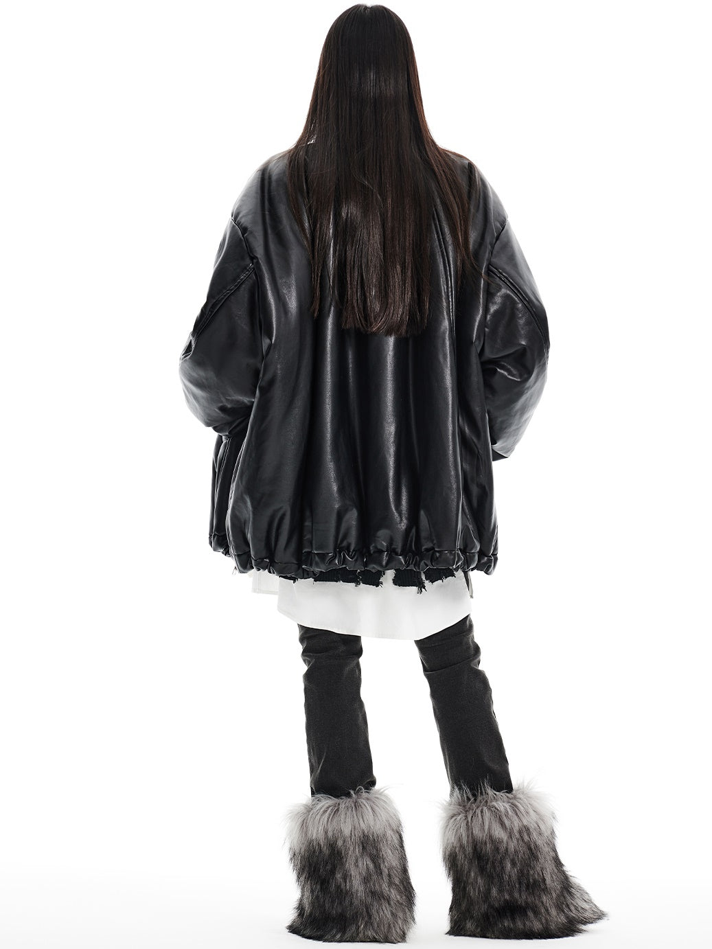 Oversize Silhouette Velvet Lined PU Leather Jacket