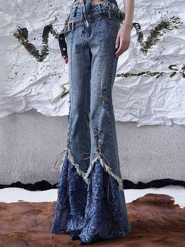 Splicing Lace-Up Flare Jeans