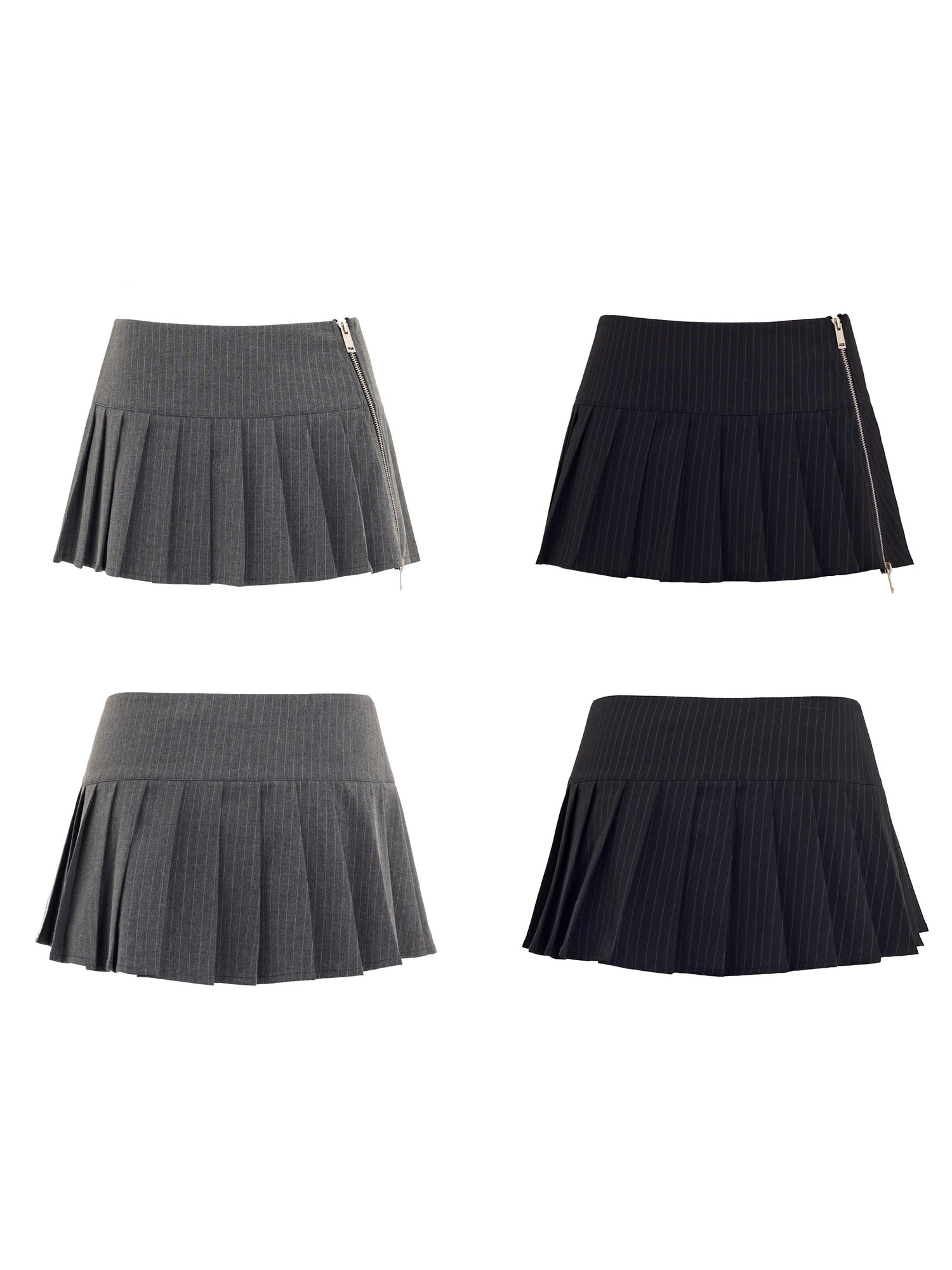 Striped Mid-low Waist Double Zipper Pleated Skirt