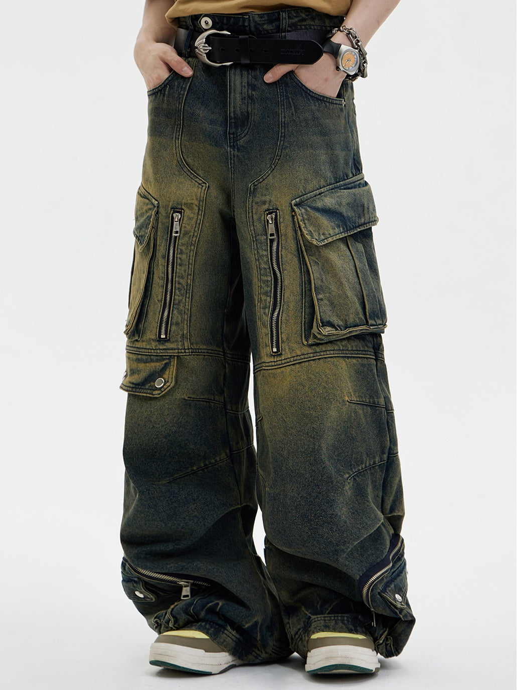 Distressed Multi-pocket Loose Wide-leg Cargo Jeans