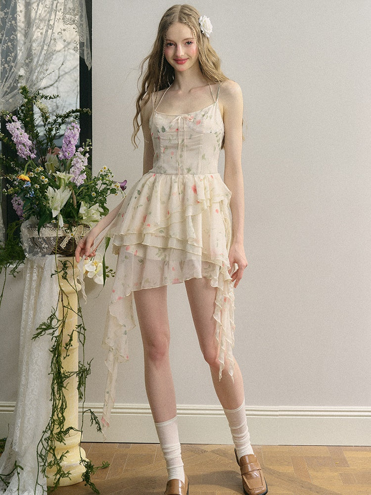 Rose Irregular Ruffle Suspender Dress