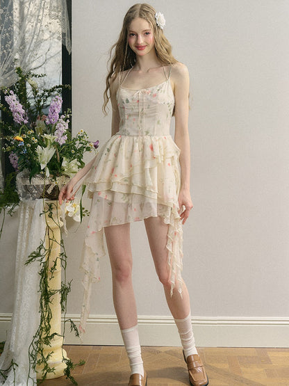 Rose Irregular Ruffle Suspender Dress