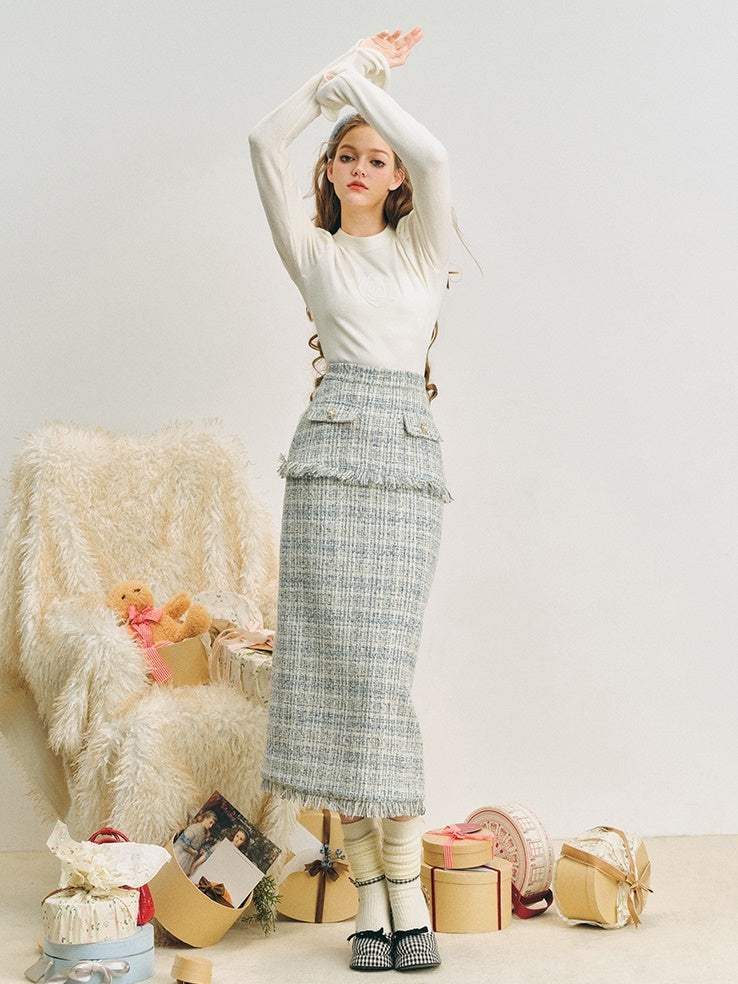 Loose Silhouette Tweed No-Collar Jacket ＆ Mid-Length Skirt