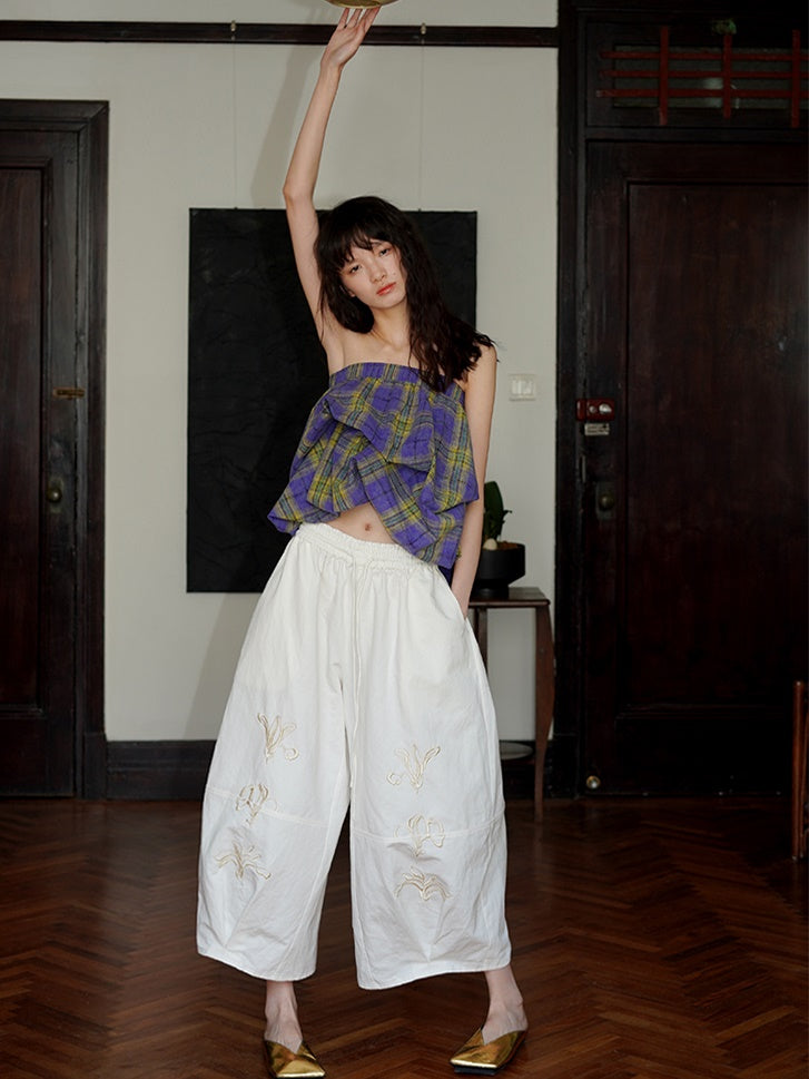 Embroidery Loose Bloomers Wide Leg Pants