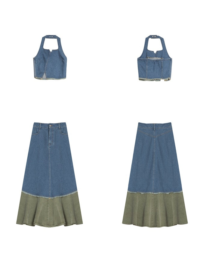 Denim Halter Neck Vest &amp; Fishtail Skirt Set-up