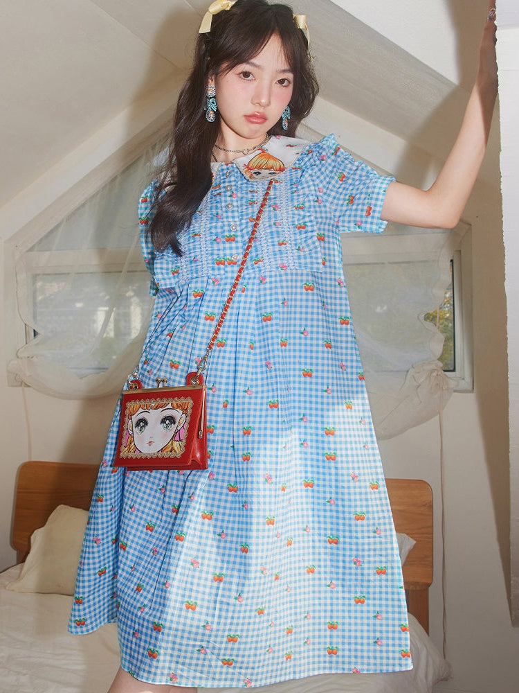 DOLL COLLAR PLEATED EMBROIDERY PLAID ONE-PIECE