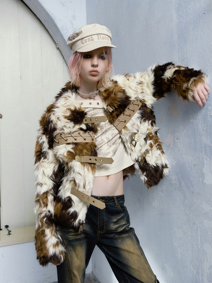 Color-blocked Strap Design Short Fur Coat