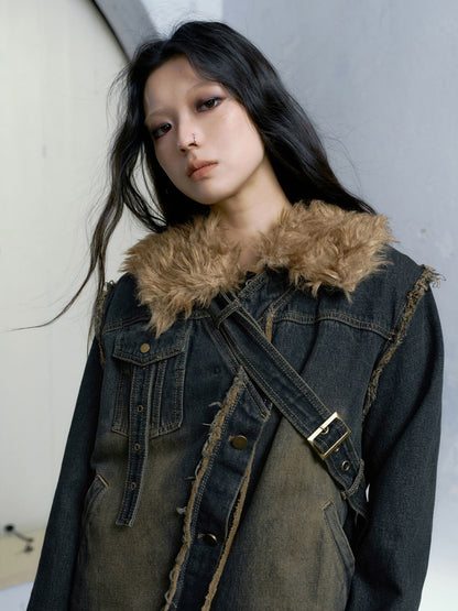 Fur Collar Washed Slant Design Strap Denim Jacket