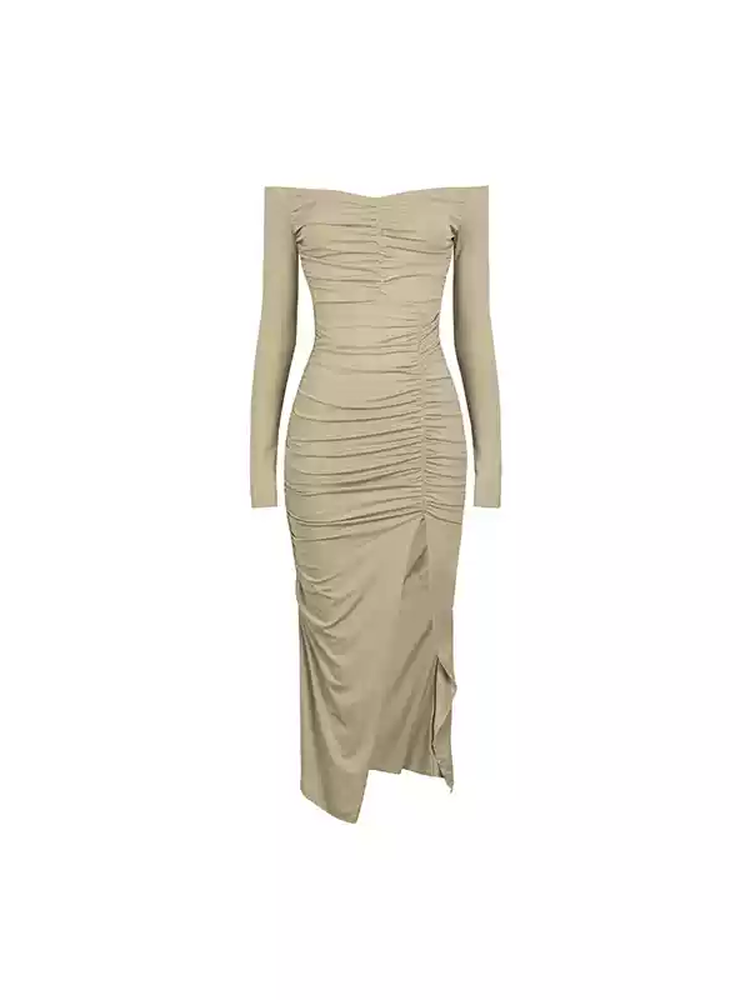 bardot slinky ruched bodycon midaxi dress Cream Woven Dipped Bardot Ruched Midaxi Dress
