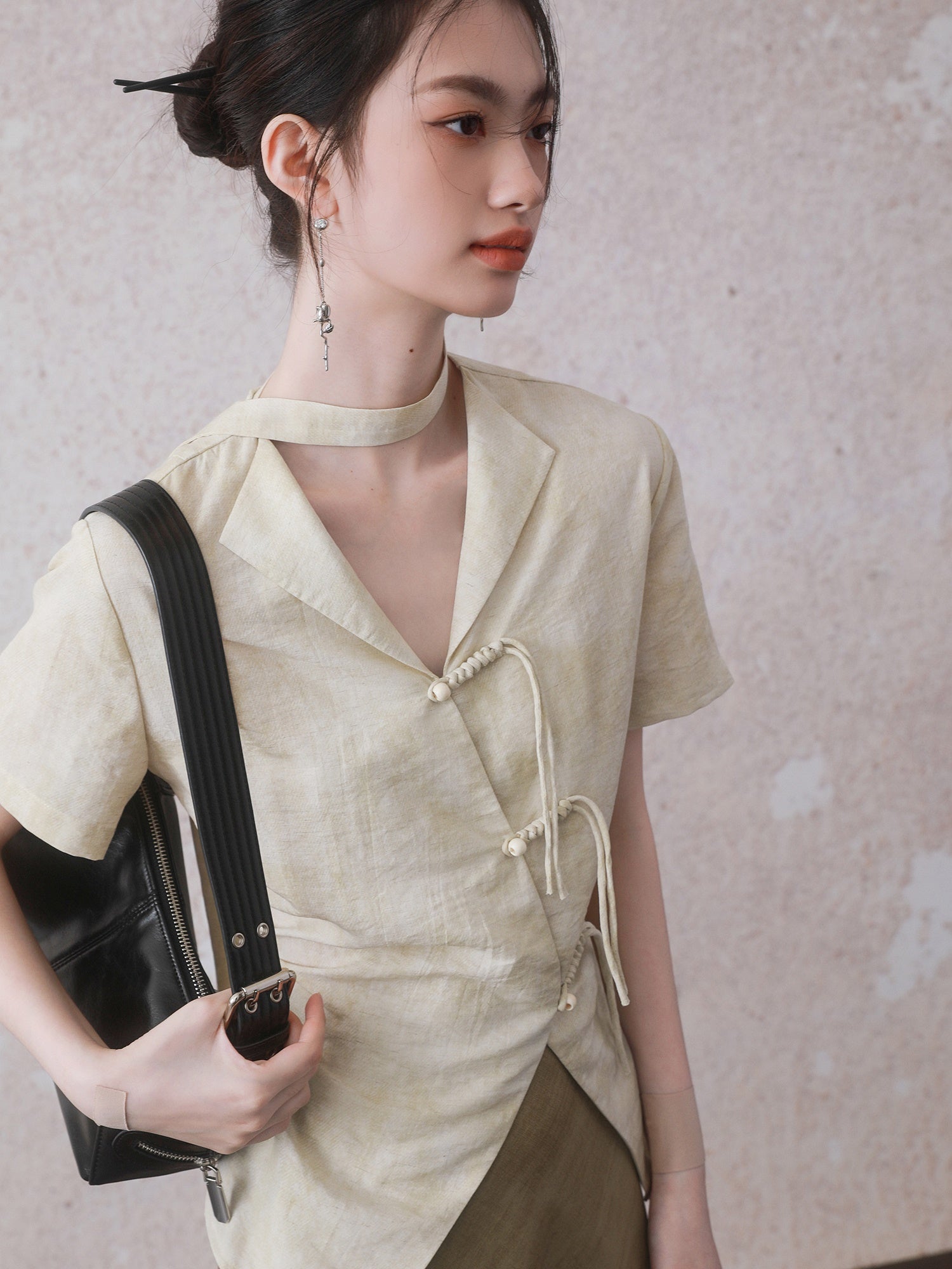 Neck Streamer Chinese Style Placket Button Shirt