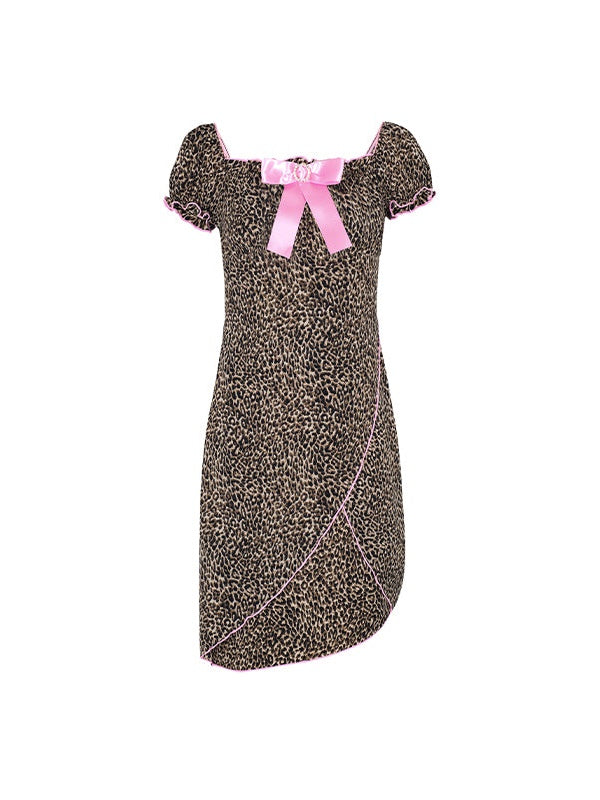 BOW PUFF SLEEVE Leopard Print Dress