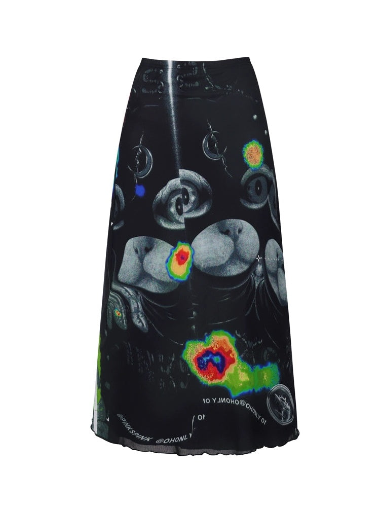 Cat Digital Print A-Line Long Skirt