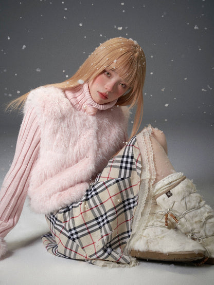 Knitted Neck &amp; Sleeve Splicing Detachable Fur Jacket