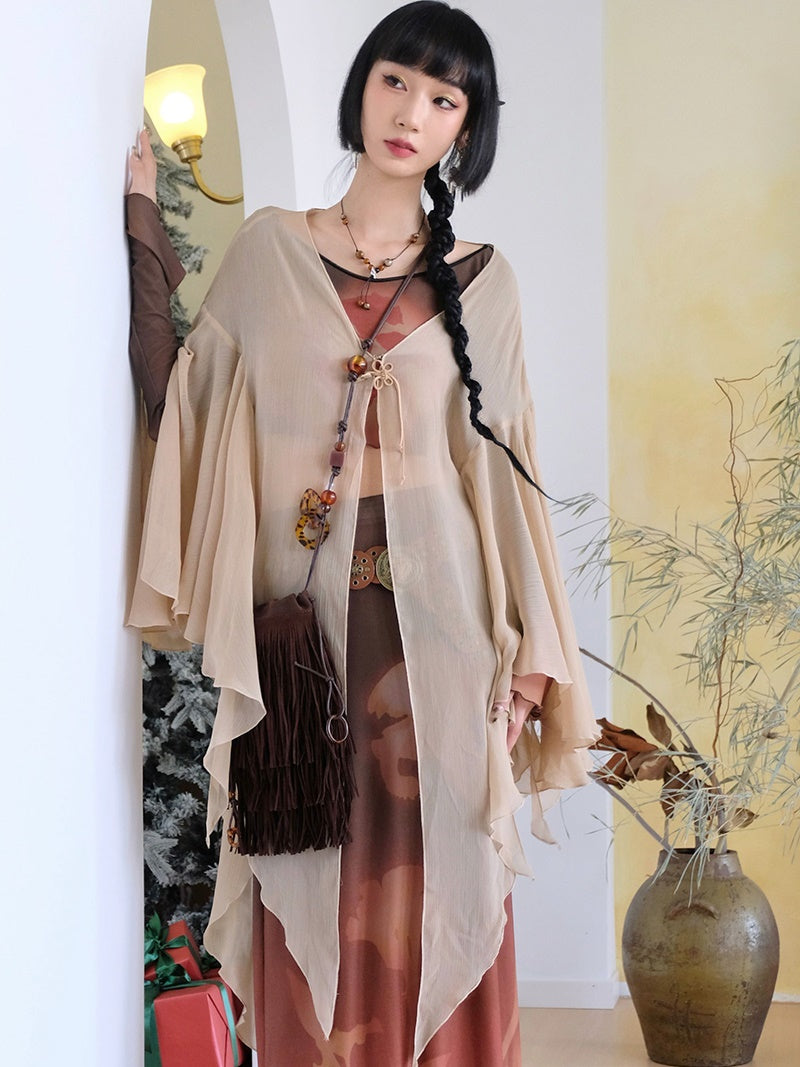 Chinese Chiffon Butterfly Sleeve Long Cardigan