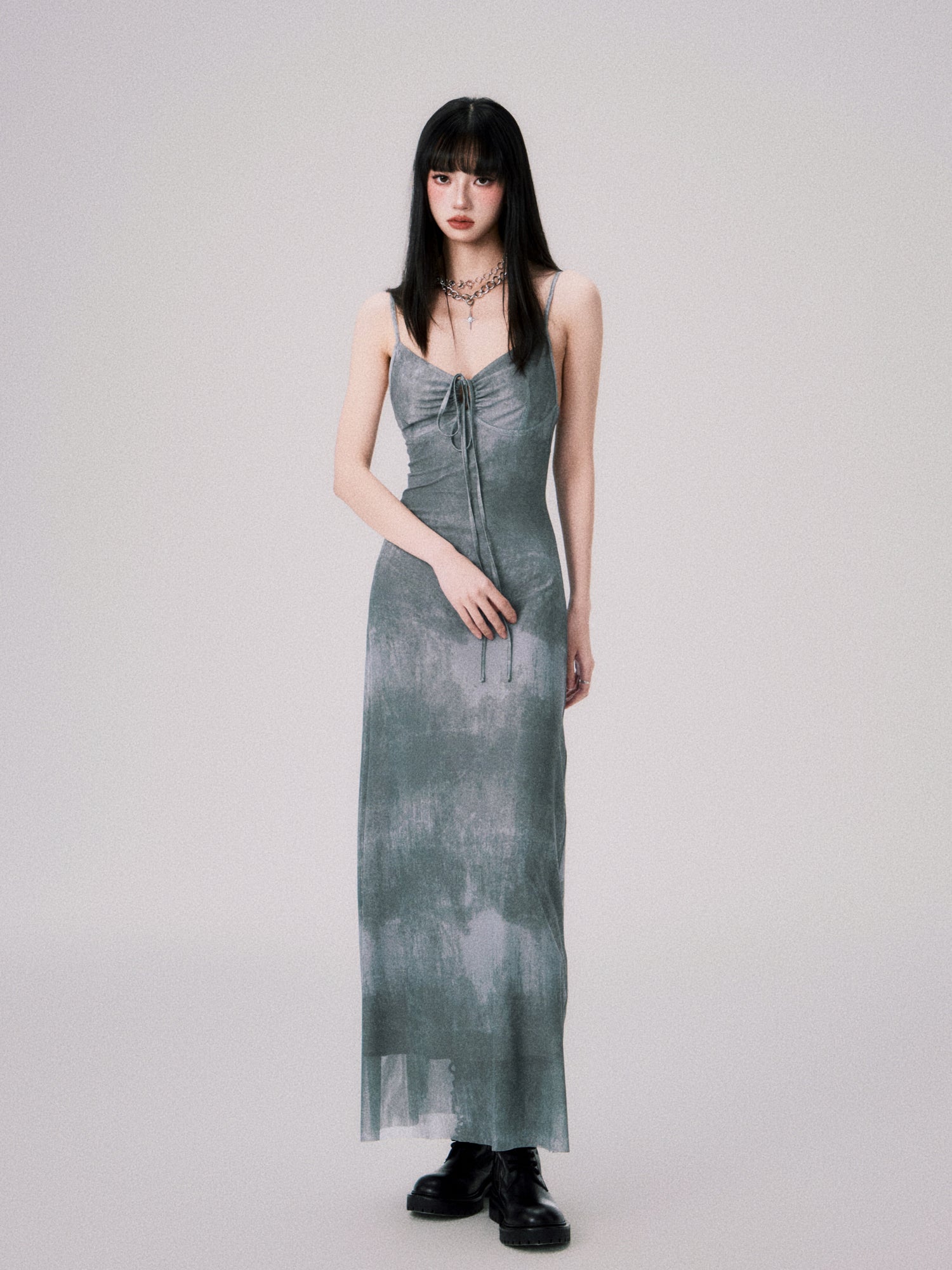 Tie-dyed Ink Painting Mesh Elastic Suspender Dress