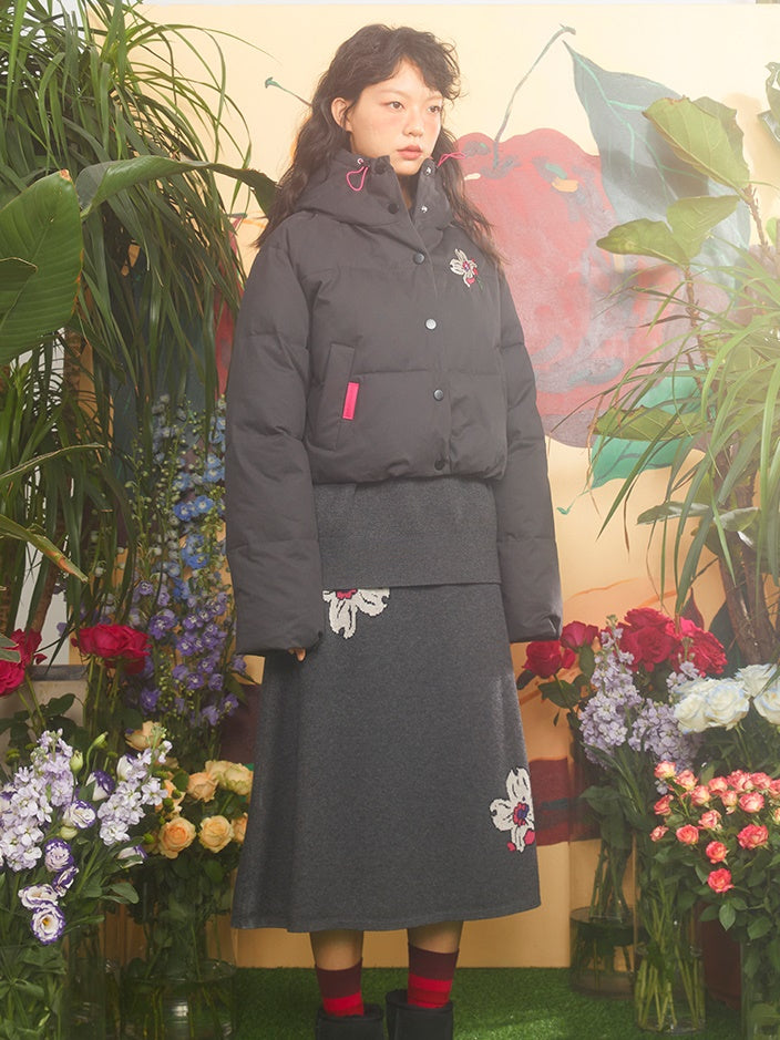 Cherry Blossom Embroidered Stand Collar Hooded Short Coat