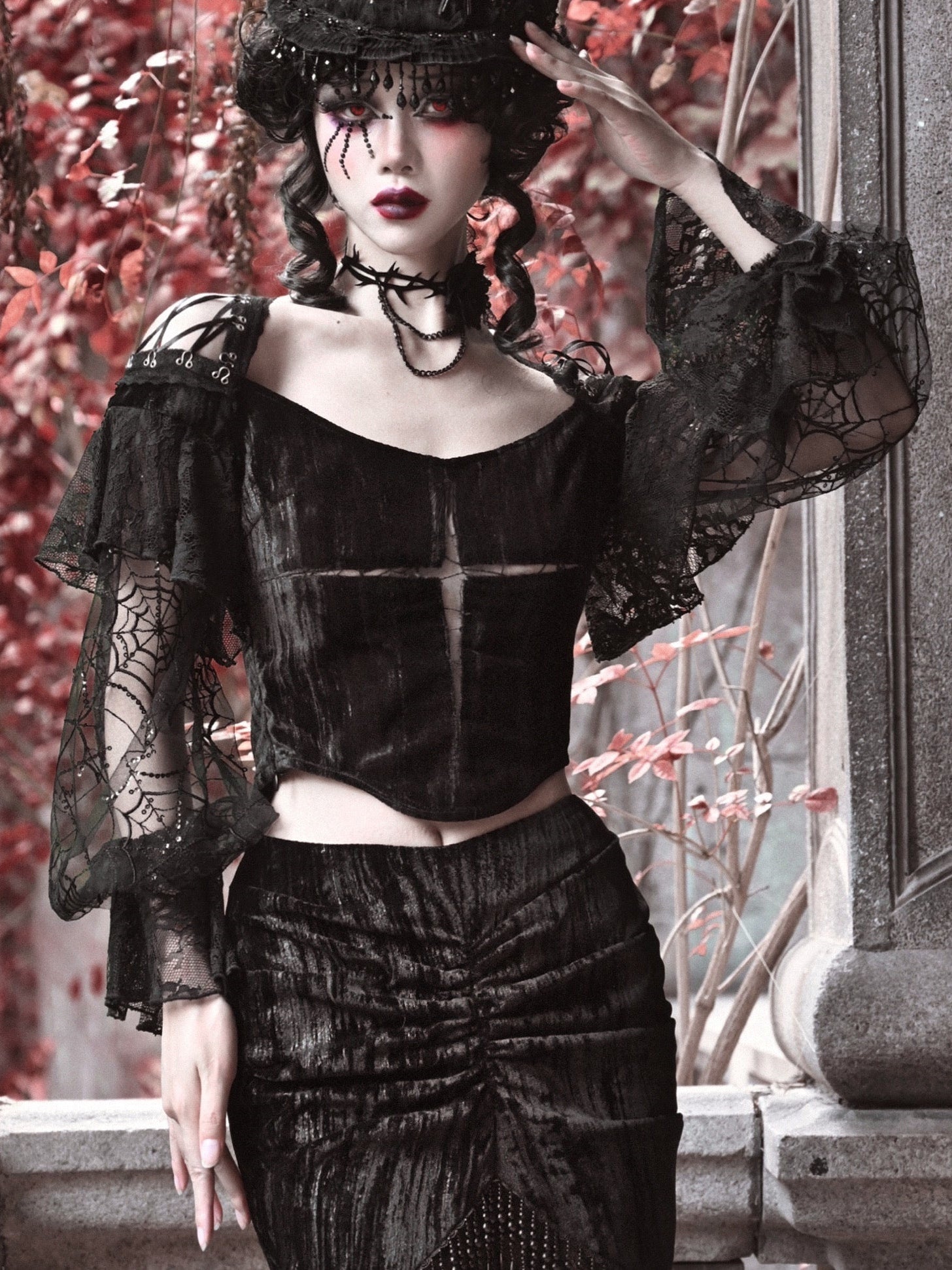 Gothic Velvet Lace Lantern Sleeve Top