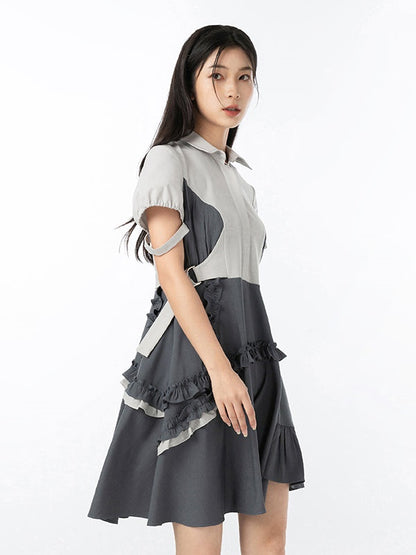 Side Waist Stitching Shirt Collar One-piece