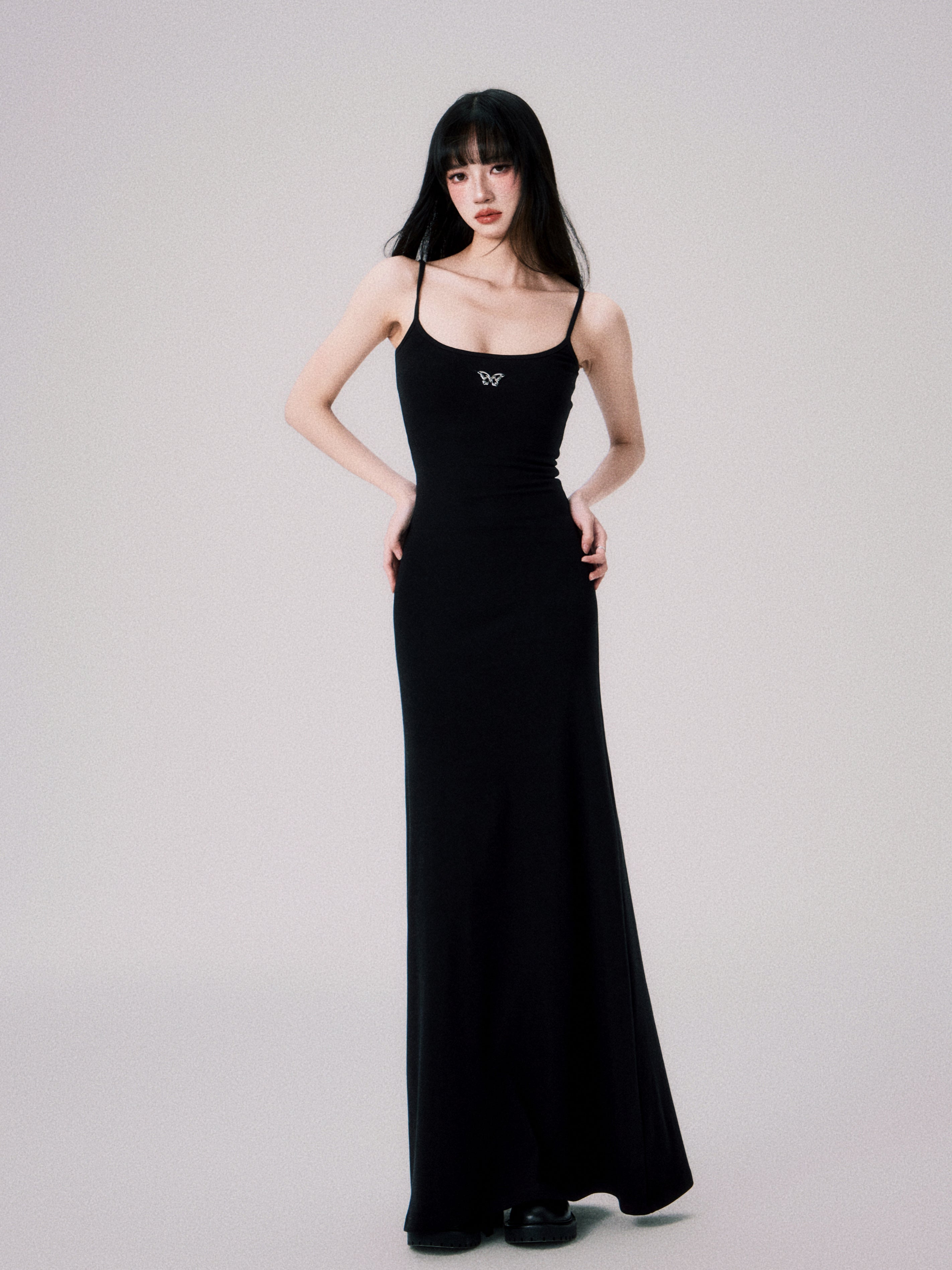 Square Neck Slim Suspender Long Dress