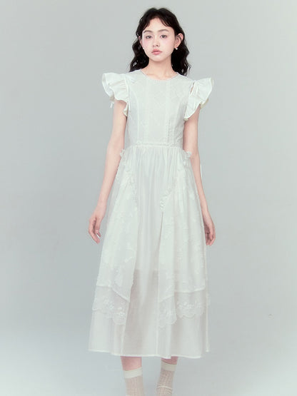 Flying Sleeve Lace Ruffled Dress