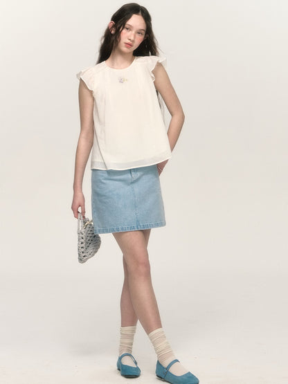 Simple Embroidery A-line Washed Denim Mini Skirt