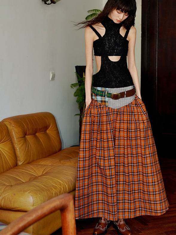 Retro Plaid Stitching Long Skirt With Belt