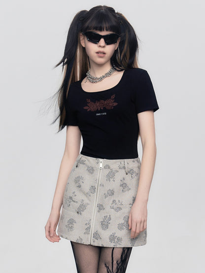 Lace Rose Print Short-sleeved T-shirt