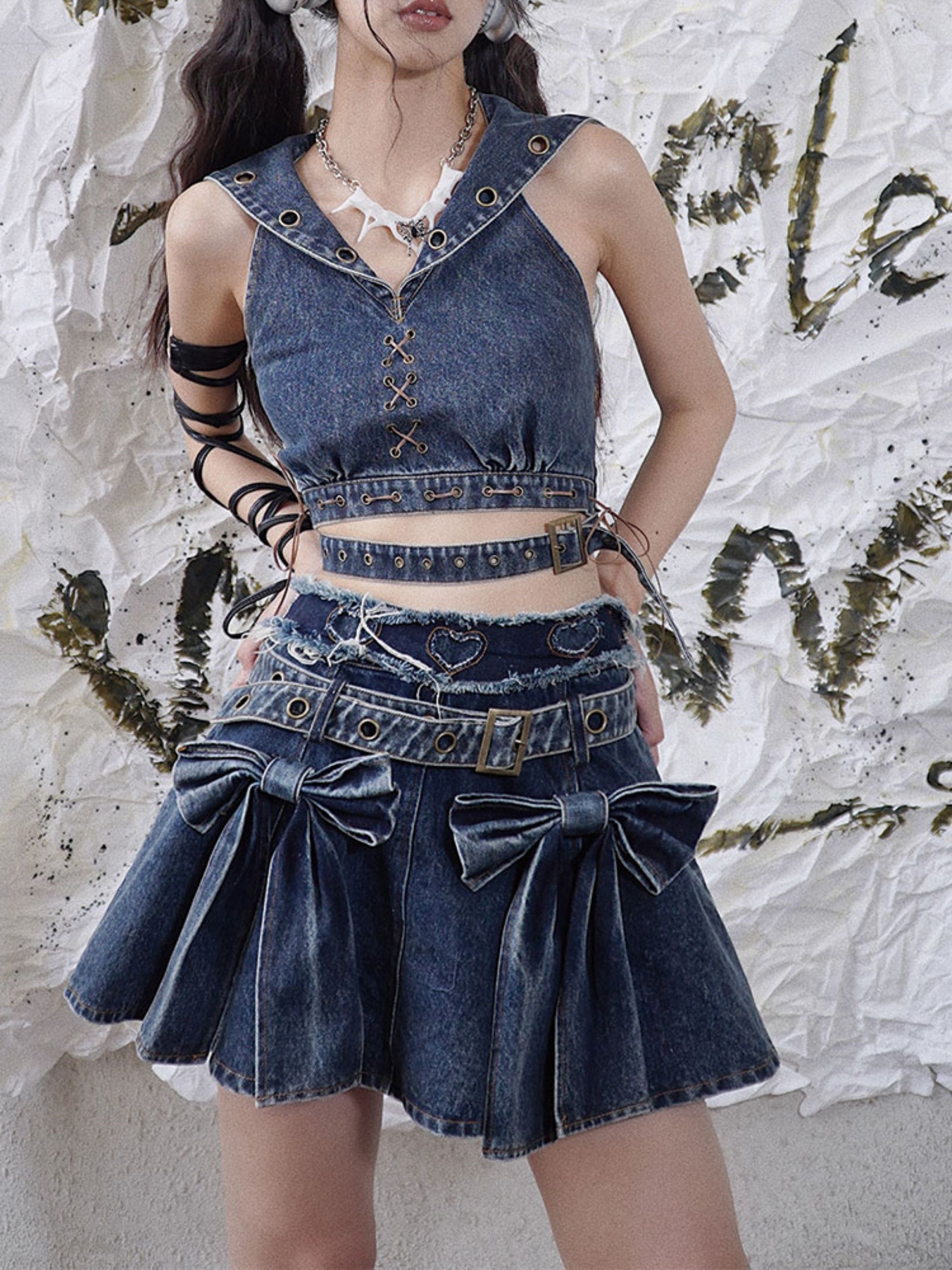 Niche Big Ribbon Flare Denim Skirt