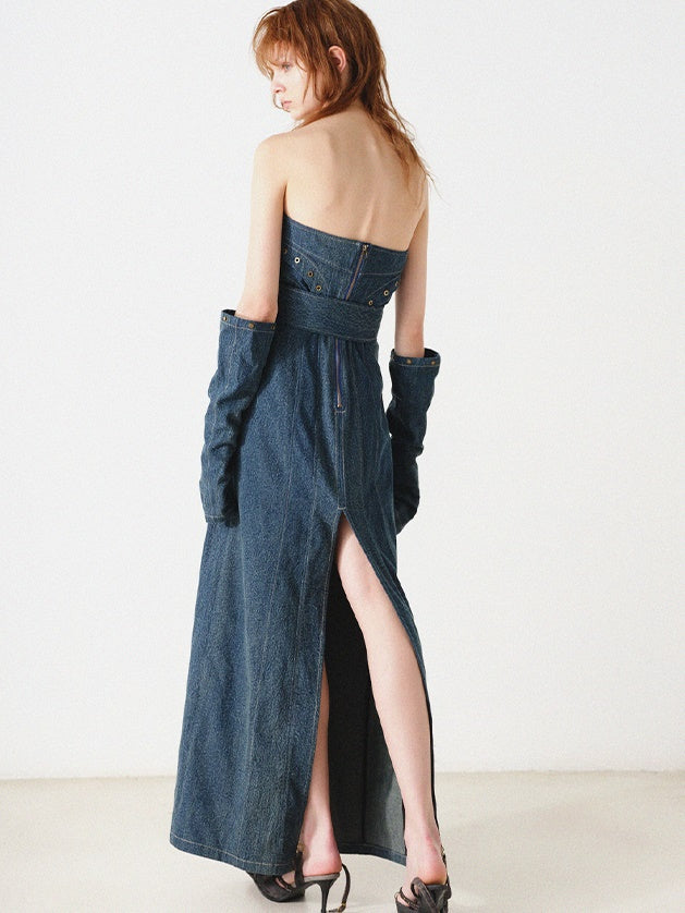 Denim Bare Top Long Kleid mit Ärmeln