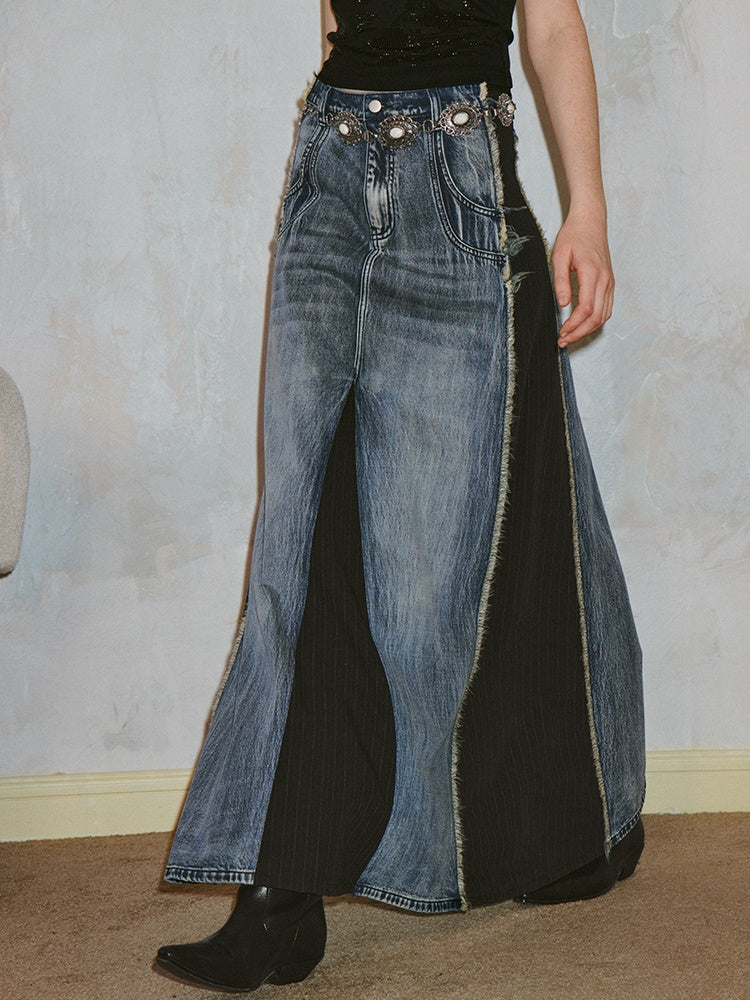 Geometric Cut Washed Raw Edge Denim Patchwork Skirt