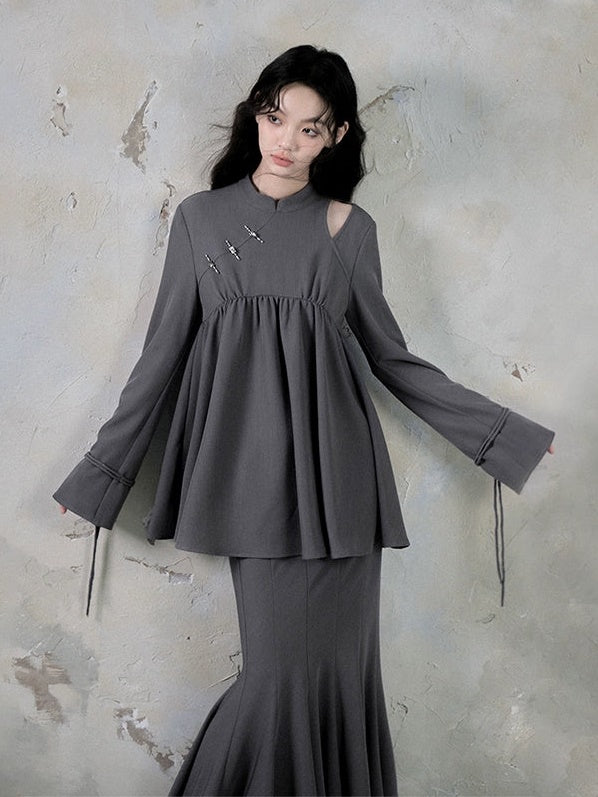 중국 스타일의 컷 아웃 Peplum Top &amp; Mermaid Long Skirt