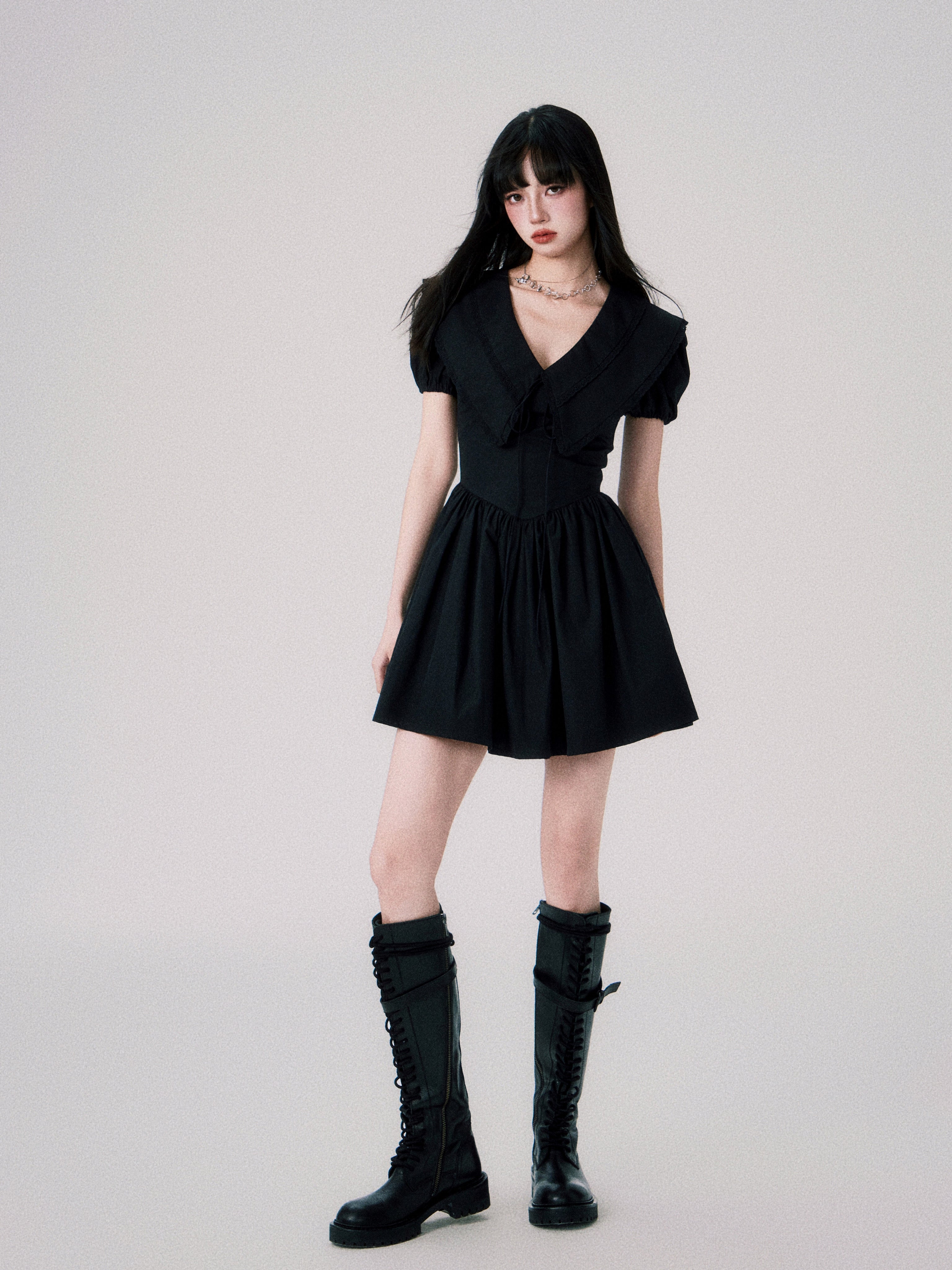 Babydoll Collar Puff Sleeve Short One-piece – ARCANA ARCHIVE