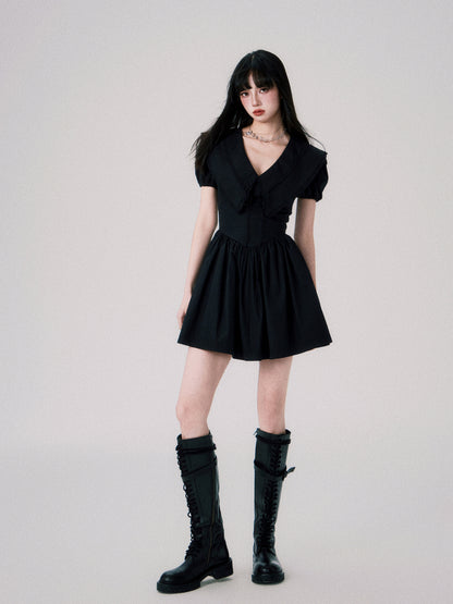 Babydoll Collar Puff Sleeve Short One-piece