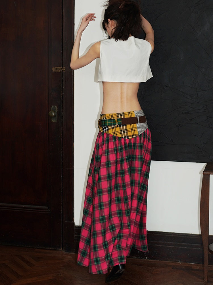 Retro Plaid Stitching Long Skirt With Belt