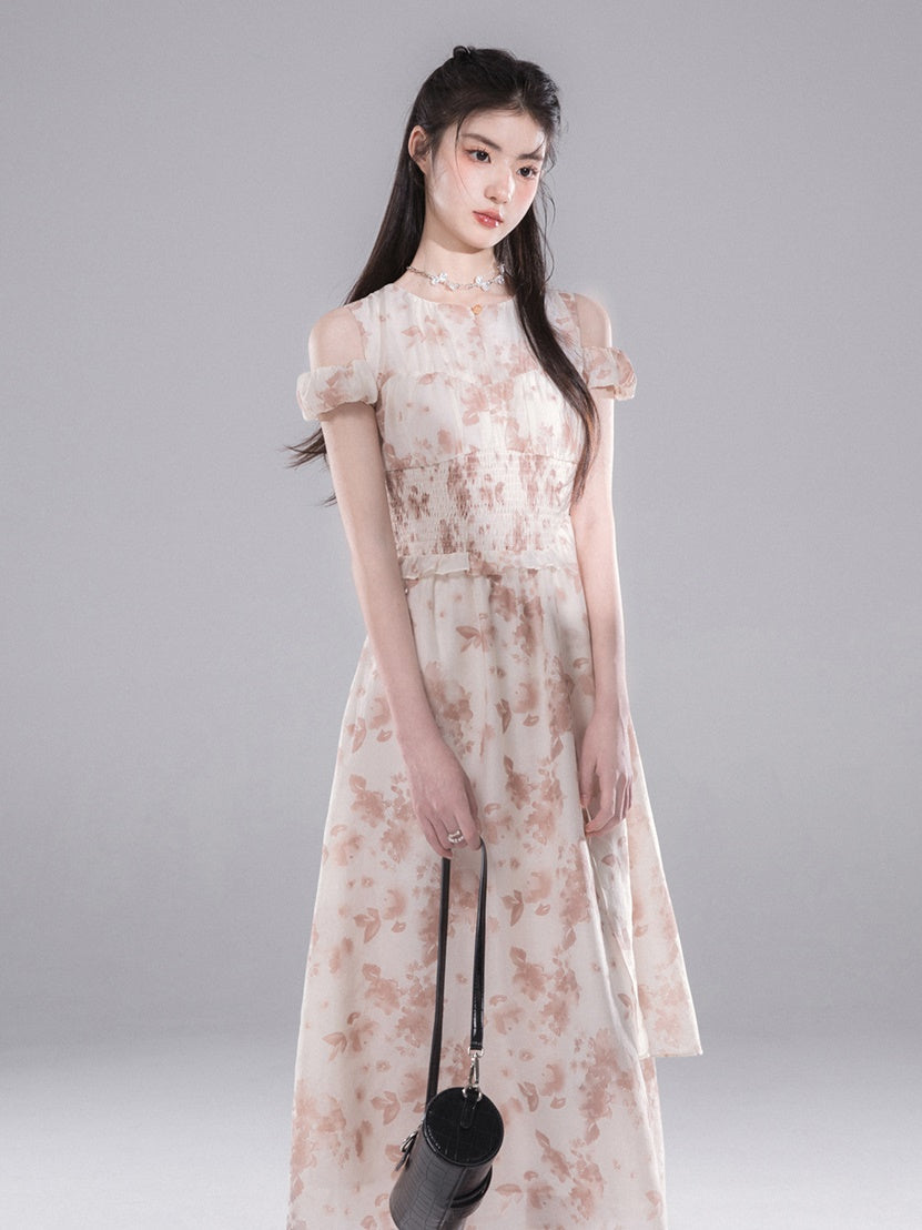 Rose Layered Print Waist Shape Dress