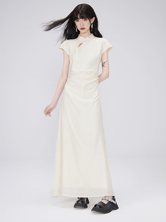 Chinese-Style Shirred Long Dress