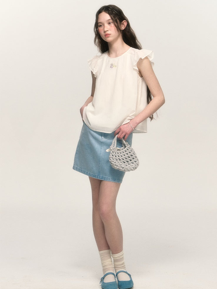 Simple Embroidery A-line Washed Denim Mini Skirt