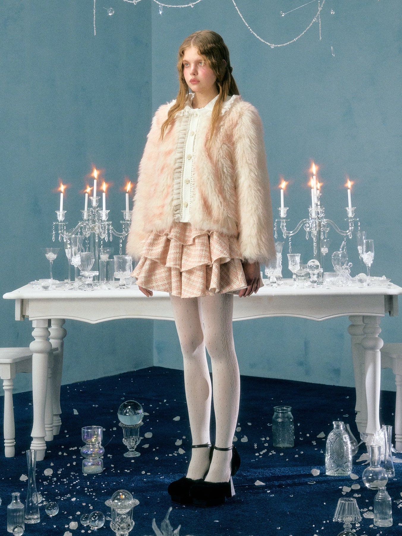 Smudged Pearl Lace Short Imitation Fur Coat