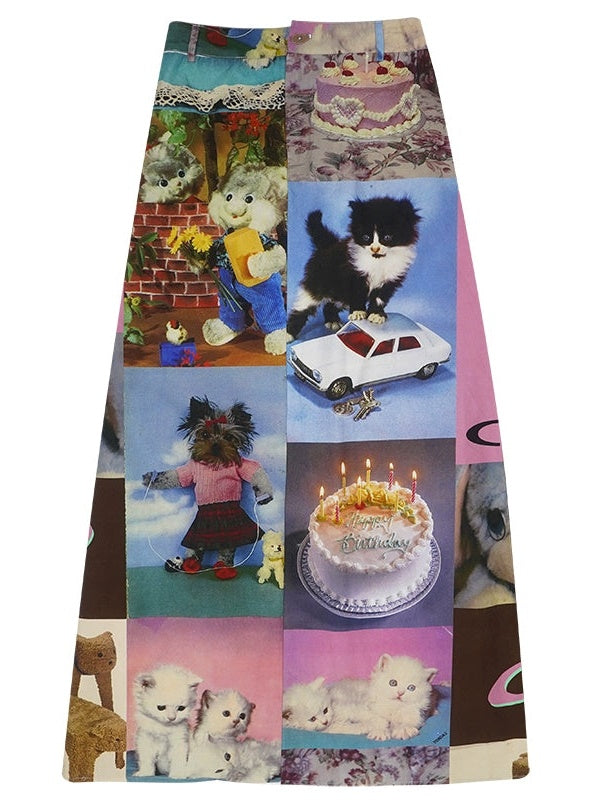 Cute Cat Cake Birthday Print Casual Long Skirt