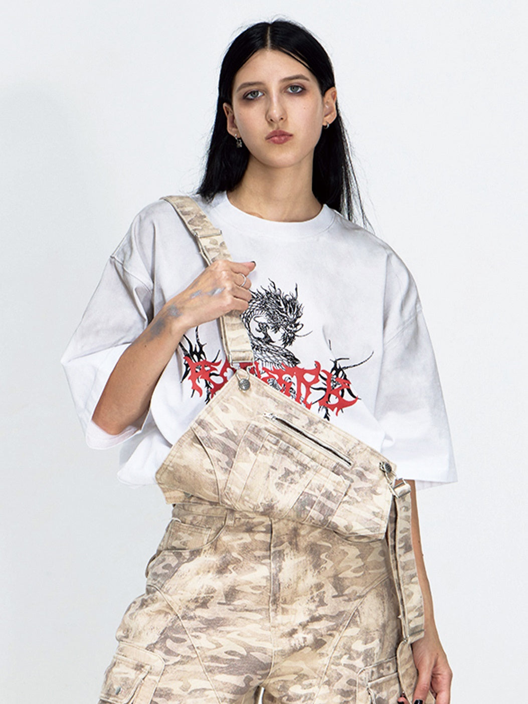 Dirty-dyed Chinese Dragon Print Round Neck T-shirt