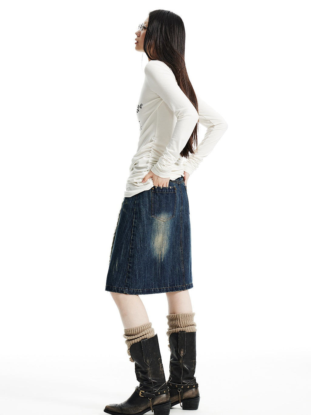 Distressed Washed Denim A-line Mid-length Skirt