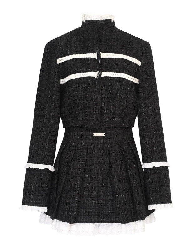 Tweed Stand-Collar Cropped Jacket ＆ Lace Stitch Short Pleated Skirt