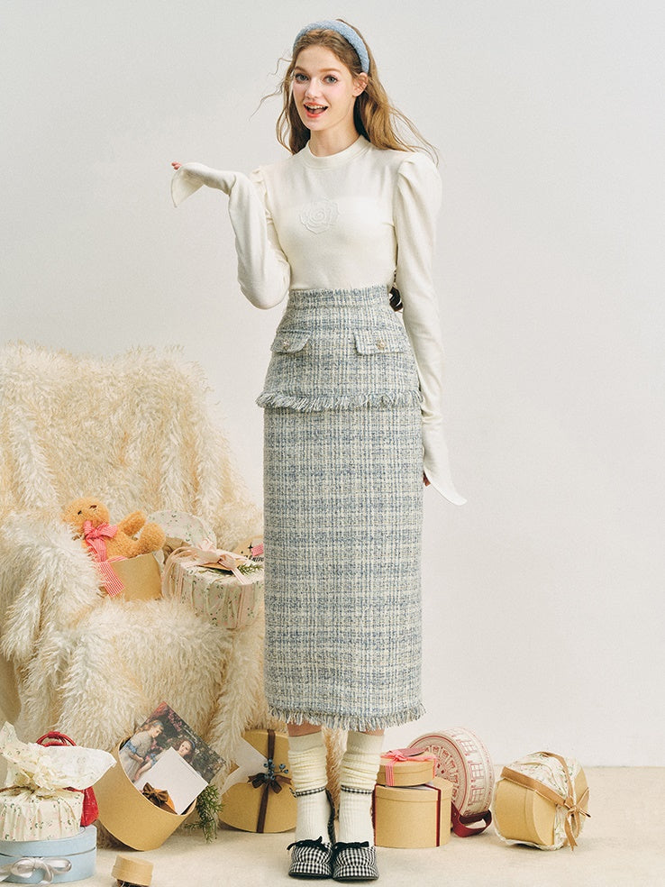 Loose Silhouette Tweed No-Collar Jacket ＆ Mid-Length Skirt