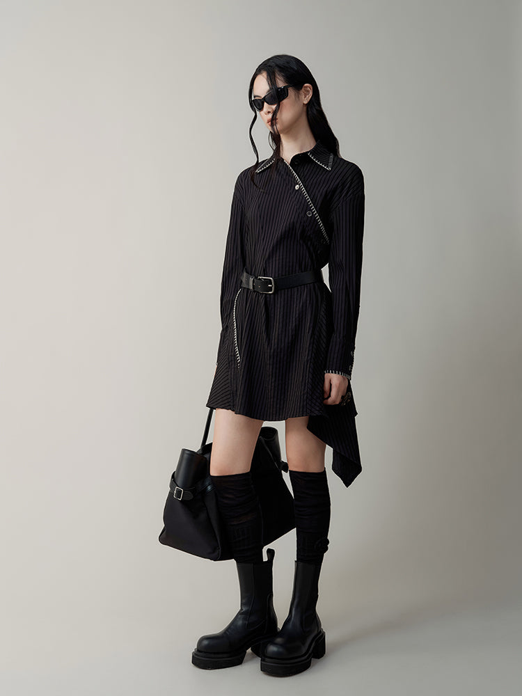 Asymmetric Stripe Slant Button Shirt Dress