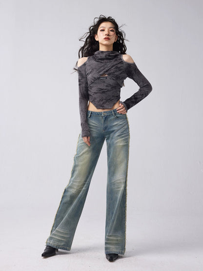 Distressed Washed Straight-leg Low-rise Jeans